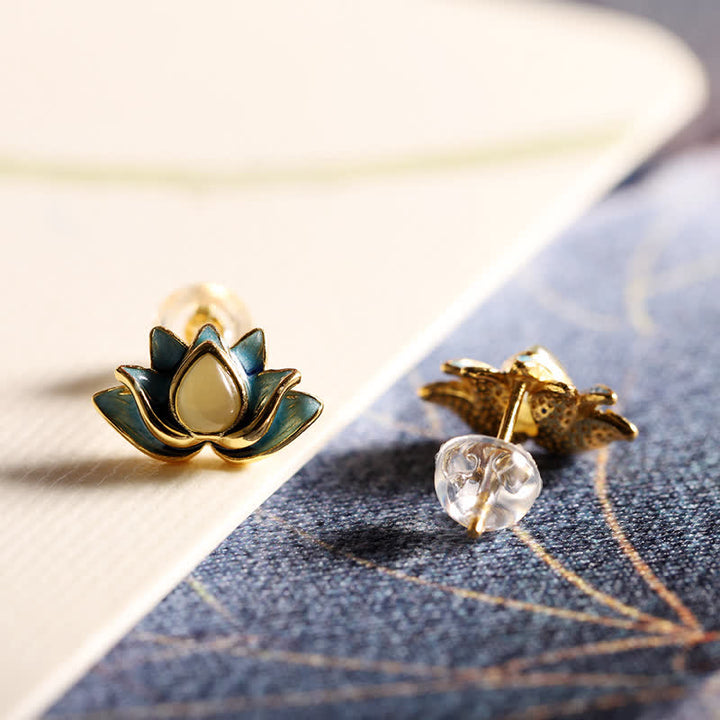 Orecchini di successo in argento sterling 925 con fiore di loto in giada ciano Hetian - image 2