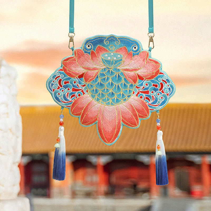 Buddha Stones Fortuna Ricamo Loto Koi Pesce Coniglio Fiore Borsa Hanfu Borsa a Tracolla Borsa a Tracolla - Pesce Koi Loto - image 32