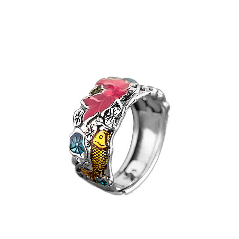 Anello Buddha Stones 925 Sterling Silver Lotus Koi Fish Enlightenment - image 6