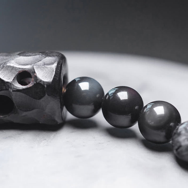 Braccialetto di coppia di successo in quarzo rutilato nero, legno di ebano e cristallo bianco