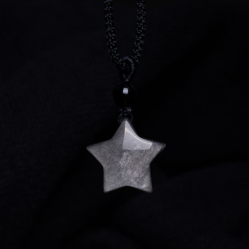 Collana con ciondolo a forma di mezzaluna stellata in ossidiana naturale Buddha Stones argento