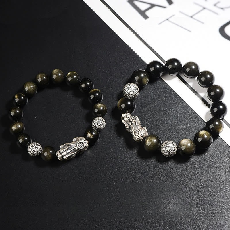 Braccialetto di protezione della ricchezza PiXiu in ossidiana naturale lucidata in argento sterling 925 Buddha Stones - image 6