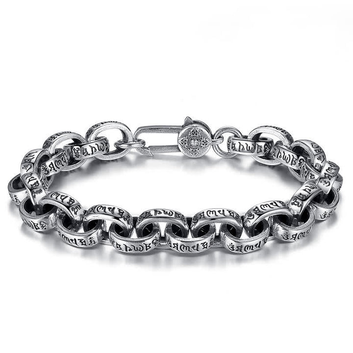 Braccialetto con scritta "Buddha Stones" in argento sterling 925 con incisione Om Mani Padme Hum e simbolo della pace