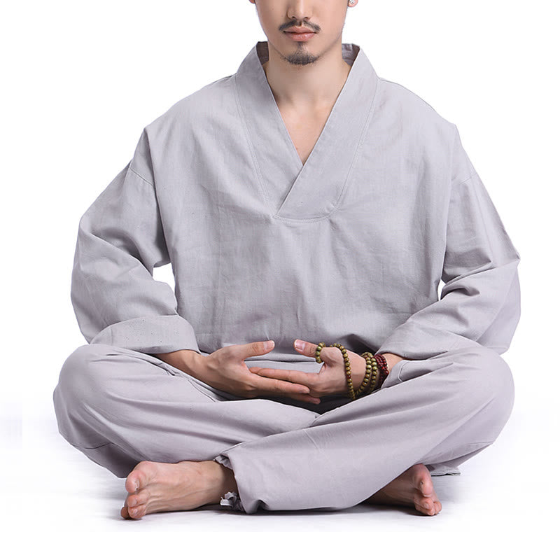 Set da uomo di abbigliamento yoga Buddha Stones a V, in cotone e lino, per meditazione e preghiera, spirituale e zen - Grigio - US/UK/AU44，EU54 (3XL) - image 10