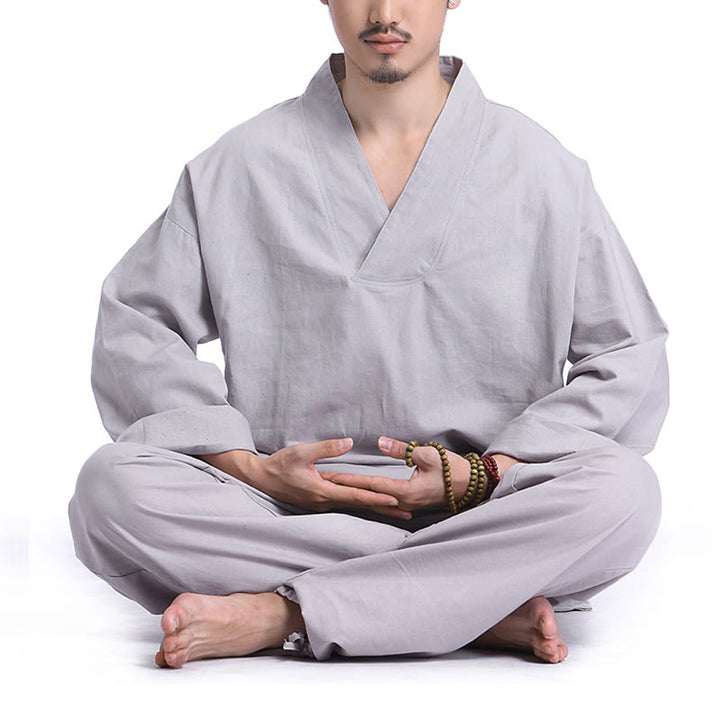 Set da uomo di abbigliamento yoga Buddha Stones a V, in cotone e lino, per meditazione e preghiera, spirituale e zen - Grigio - US/UK/AU44，EU54 (3XL) - image 10