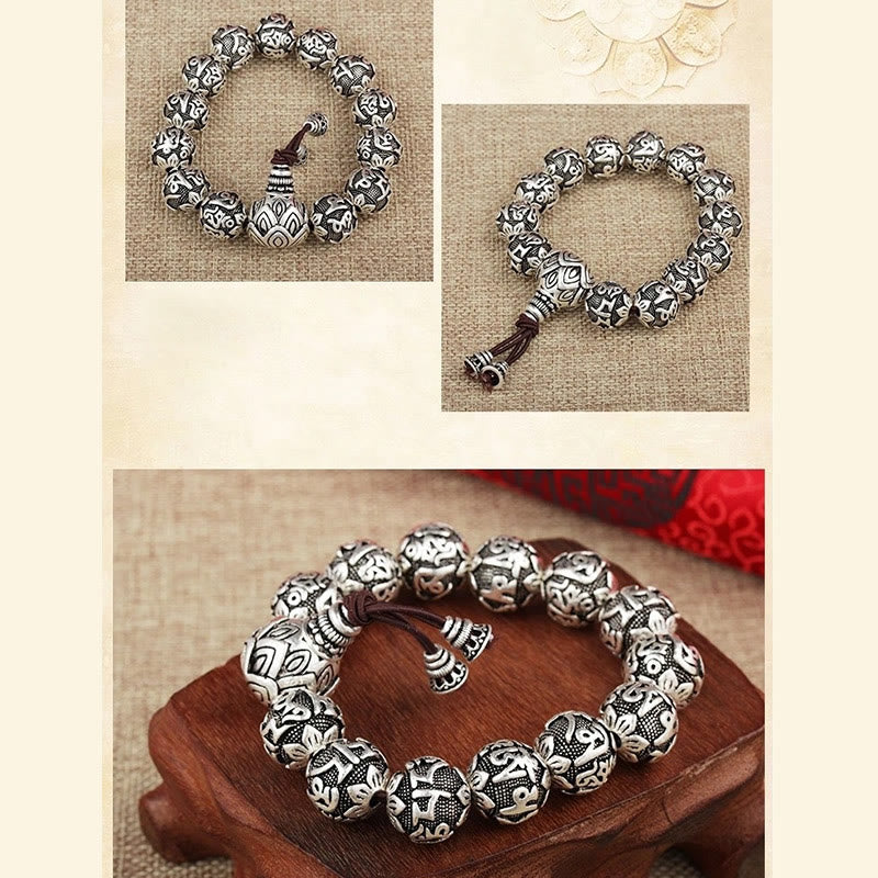 Braccialetto amuleto con perline in lega intagliata , Buddha Stones tibetane Om Mani Padme Hum