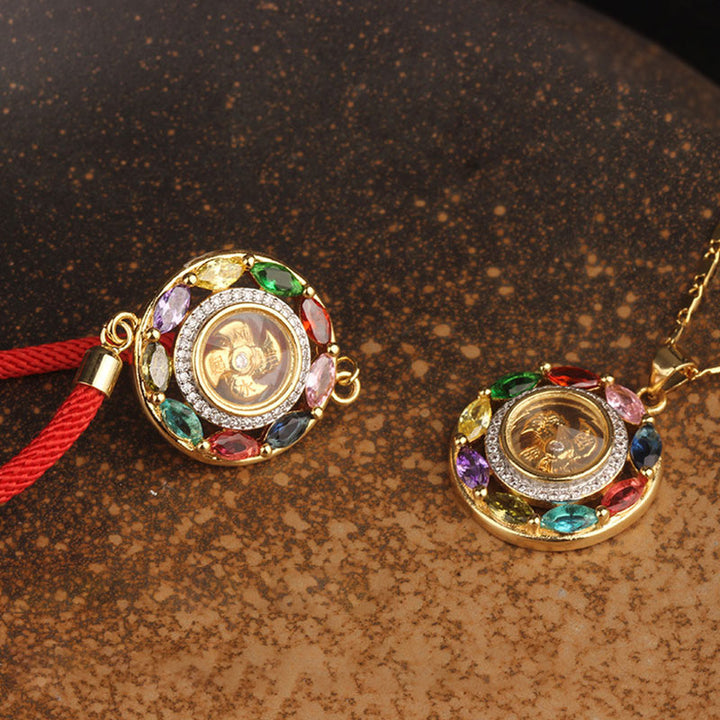 Buddha Stones Zircone colorato Rame Ricchezza Fortuna Rotazione Bracciale Collana Pendente