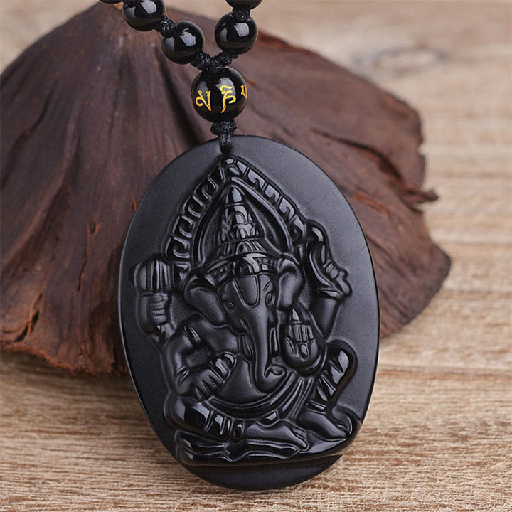 Buddha Stones Collana con amuleto della ricchezza dell'elefante Ganesh Ganpati in ossidiana tibetana - image 4