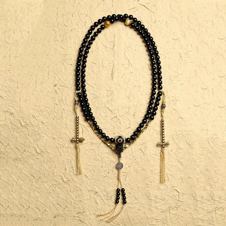 Buddha Stones Tibetano 108 Mala Beads Onice Nero Tre Occhi Dzi Beads Bracciale di Protezione - image 2