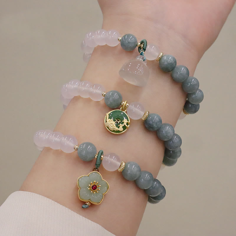 Braccialetto di protezione con fibbia della pace, fiore di loto, agata bianca e giada Buddha Stones