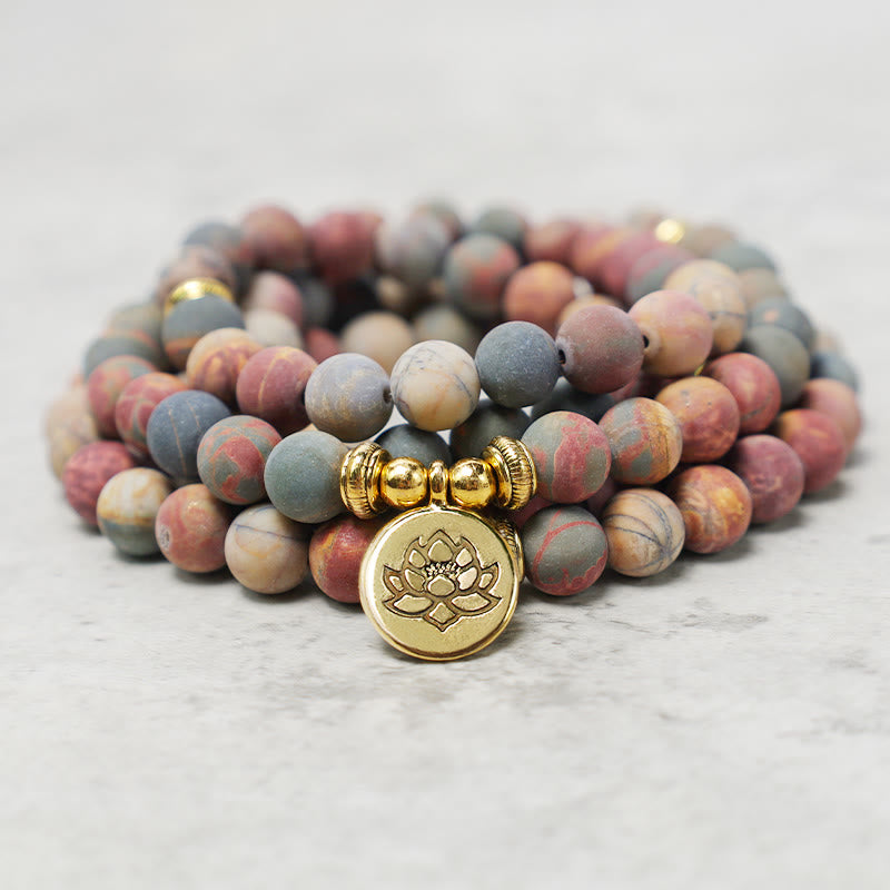 Buddha Stones 108 Mala Beads Picasso Jasper Stone Braccialetto energetico del coraggio - image 1
