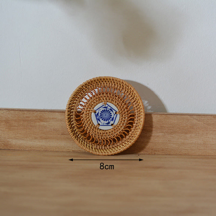 Sottobicchiere per tazza da tè in rattan con motivo floreale in ceramica - Sottobicchiere in ceramica da 8 cm - image 2
