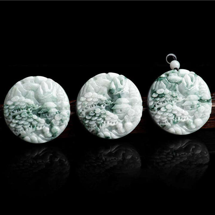 Collana con corda di abbondanza di giada con paesaggio montano Buddha Stones