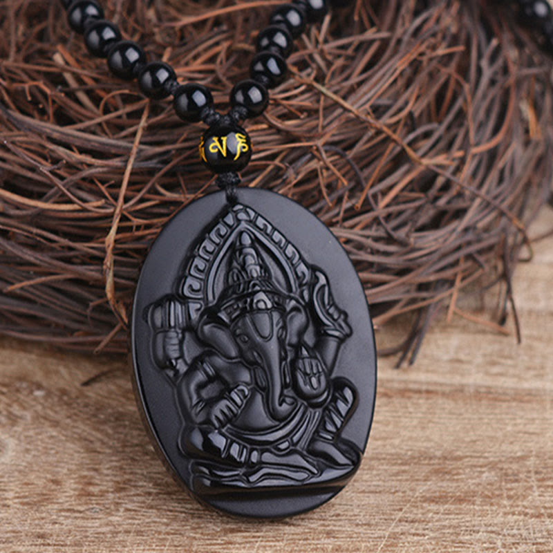 Buddha Stones Collana con amuleto della ricchezza dell'elefante Ganesh Ganpati in ossidiana tibetana - image 3