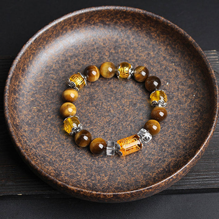 Braccialetto della fortuna e della prosperità con perline di occhio di tigre e Buddha Stones