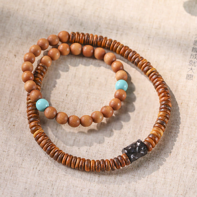 Braccialetto di protezione a doppio giro con Buddha Stones di sandalo, piccola foglia di sandalo rosso e turchese