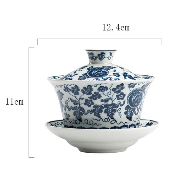 Buddha Stones Blu e Bianco Porcellana Loto Koi Pesce Danza del Leone Anguria Ceramica Gaiwan Sancai Tazza da Tè Kung Fu Tazza da Tè e Piattino con Coperchio 300ml