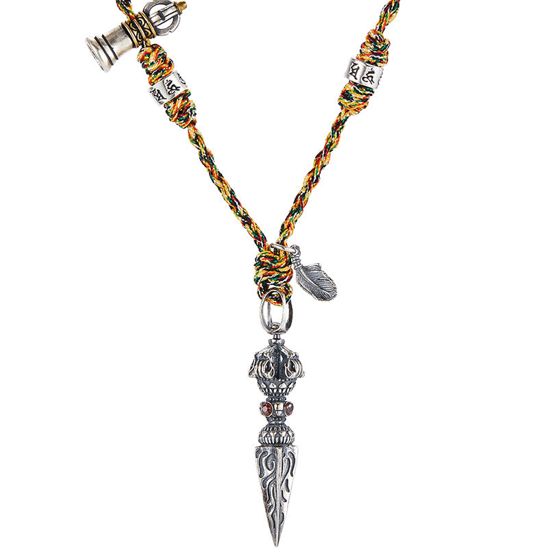Buddha Stones Tibetano Fatto a Mano 925 Sterling Silver Dorje Vajra Om Mani Padme Hum Piuma Forza Collana Pendente - image 12