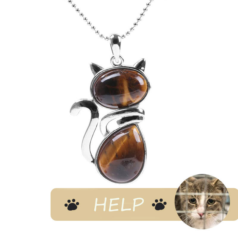 "Save A Cat" Collana con ciondolo amante dei gatti con motivo a gatto carino e protezione in cristallo naturale - Occhio di tigre - image 20