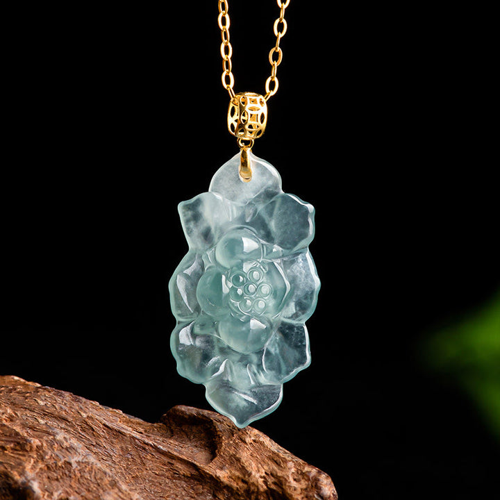 Collana con ciondolo in acciaio al titanio e catena in giada naturale con motivo a loto Buddha Stones - Giada (Prosperità♥Abbondanza) - image 0