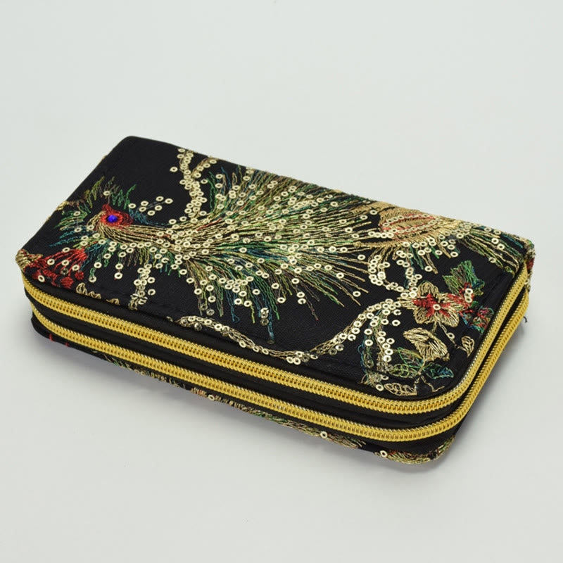 Portafoglio porta contanti con ricamo bifacciale Buddha Stones Peacock Shopping Purse - Pavone nero - image 9