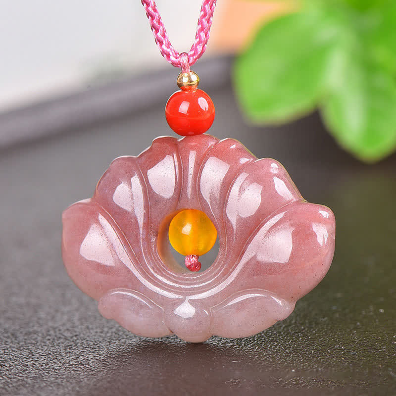 Collana con ciondolo di fiori di loto in giada di seta dorata rosa e ricchezza - image 1