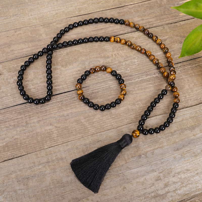 Collana di protezione con occhio di tigre in onice nero tibetano Buddha Stones Mala Set