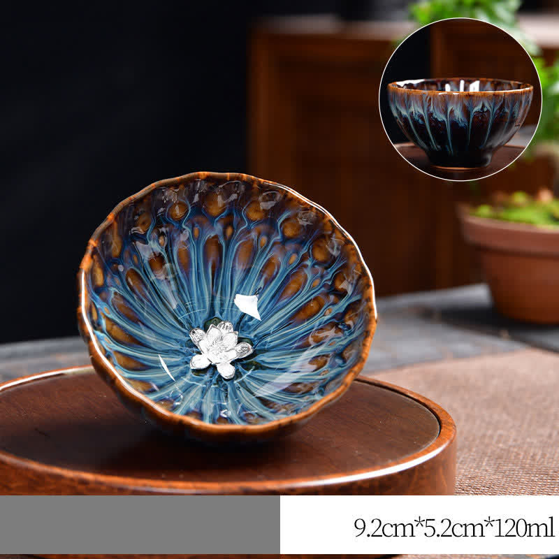 Buddha Stones Lotus Pavone Drago Fenice Koi Pesce Tazza da tè in ceramica Tazze da tè intarsiate 120ml - Argento - Fiore di loto - image 19