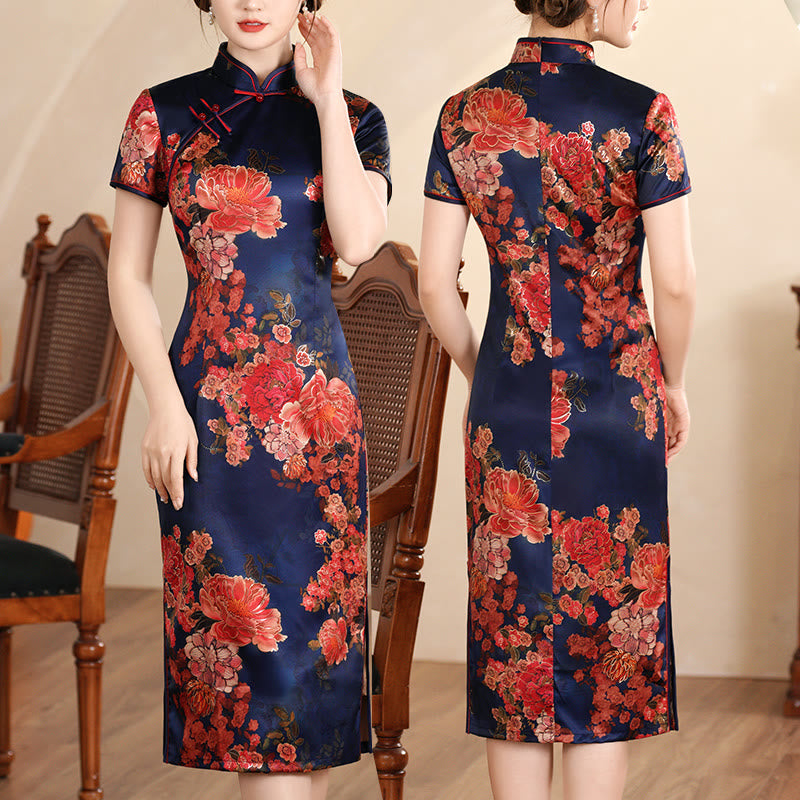 Abito da donna in cheongsam con stampa di piume di peonia e fiori di loto retrò Buddha Stones - Peonia blu navy - US16, UK/AU20, EU48 (5XL) - image 17