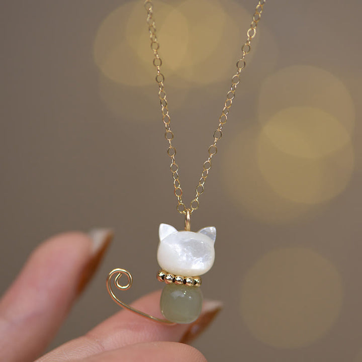 Buddha Stones 14K placcato oro perla Hetian giada conchiglia fortuna gatto gattino collana pendente - Placcato oro normale 14K - Perla e giada di Hetian - image 5