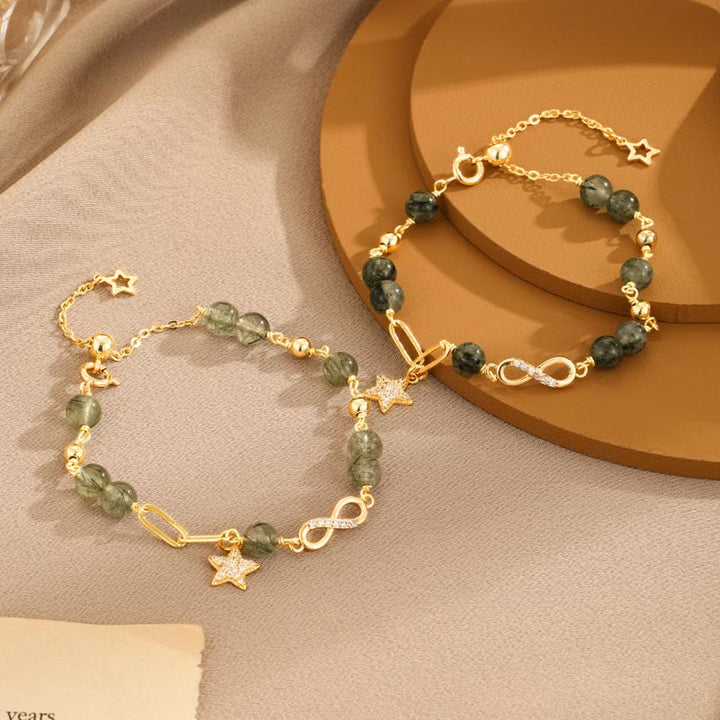 Bracciale Buddha Stones in rame placcato oro 14k con quarzo rutilato verde e anello Möbius, protezione della stella dell'amore eterno - image 6