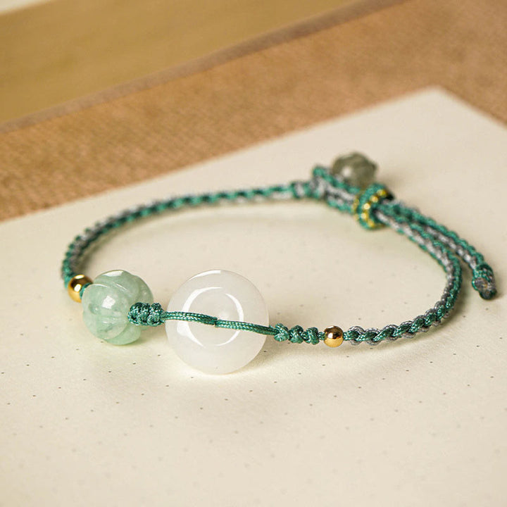Bracciale intrecciato con perline di zucca, giada bianca, fibbia della pace, benedizione della fortuna, Buddha Stones