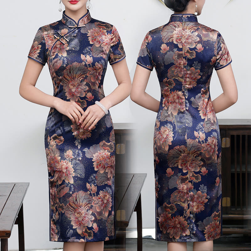 Abito da donna in cheongsam con stampa di piume di peonia e fiori di loto retrò Buddha Stones - Loto viola - US16, UK/AU20, EU48 (5XL) - image 13