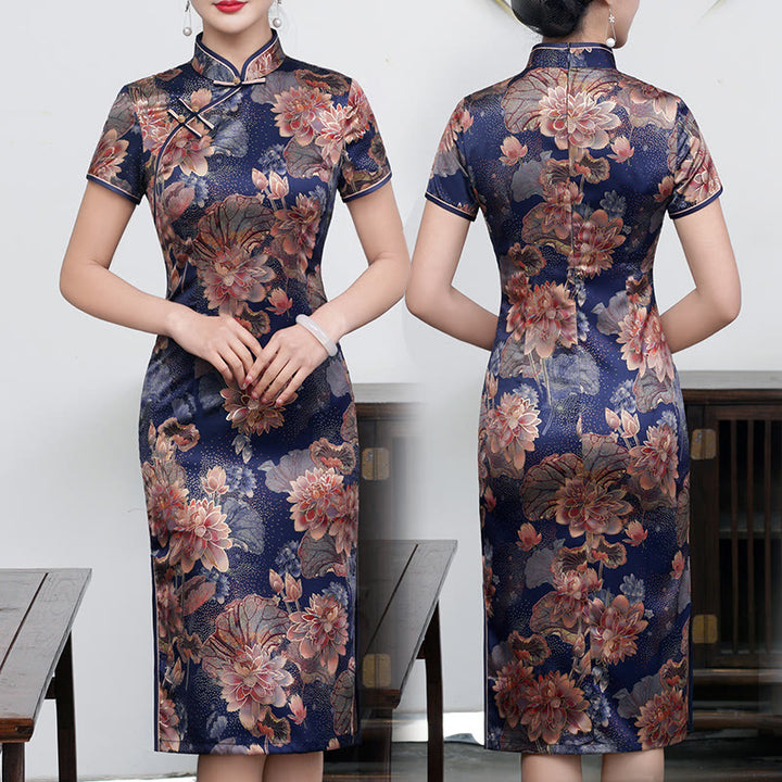 Abito da donna in cheongsam con stampa di piume di peonia e fiori di loto retrò Buddha Stones - Loto viola - US16, UK/AU20, EU48 (5XL) - image 13
