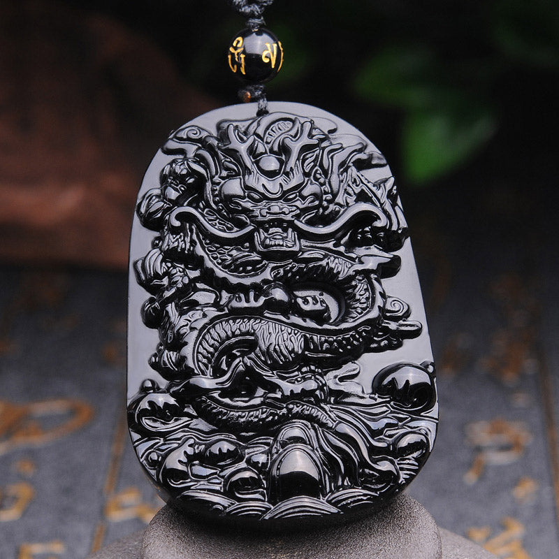 Buddha Stones Collana con ciondolo a forma di drago in pietra di ossidiana nera - image 1