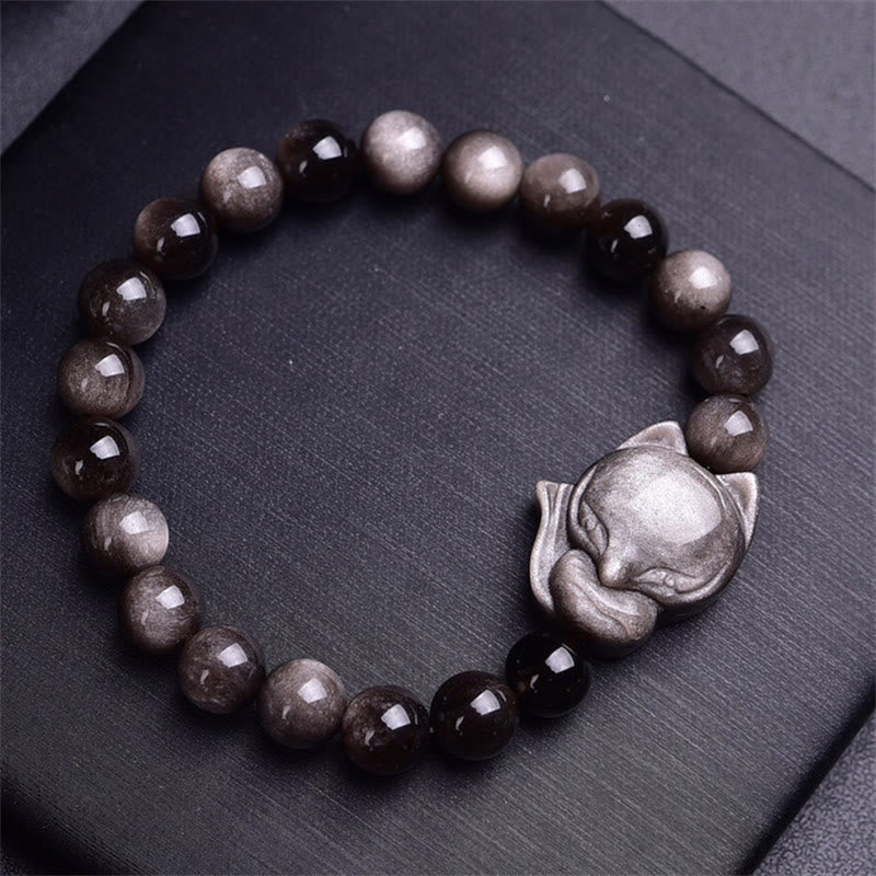 Braccialetto di protezione in ossidiana naturale con Buddha Stones argento lucido