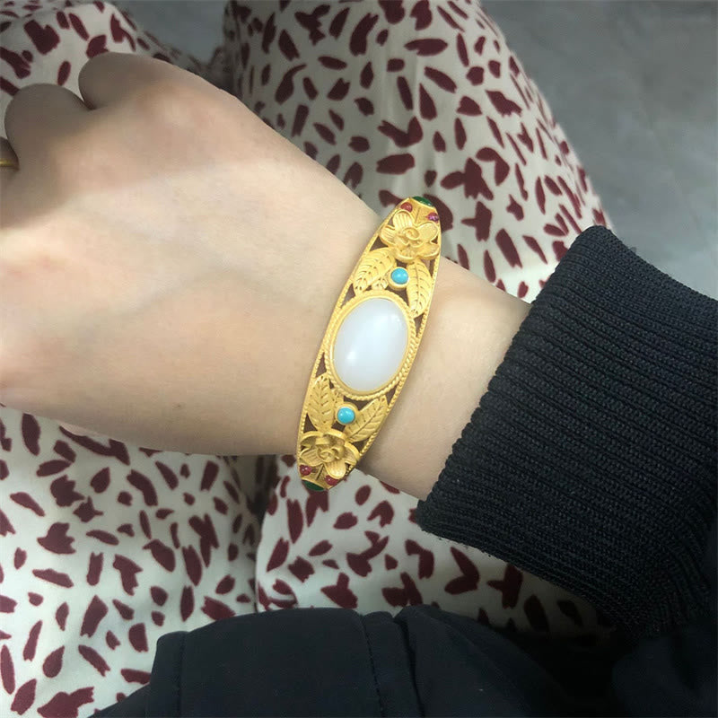 Buddha Stones Giada ciano Giada bianca Fiore Foglia Armonia Braccialetto Fortuna Braccialetto