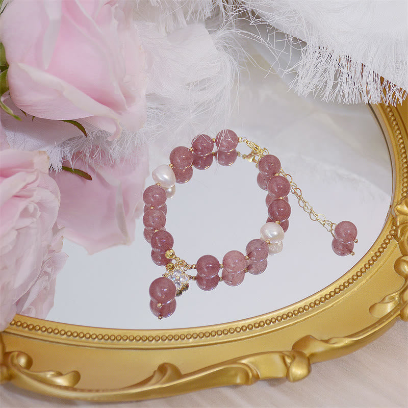 Braccialetto dell'amore con quadrifoglio a quattro foglie di perle di quarzo fragola naturale Buddha Stones