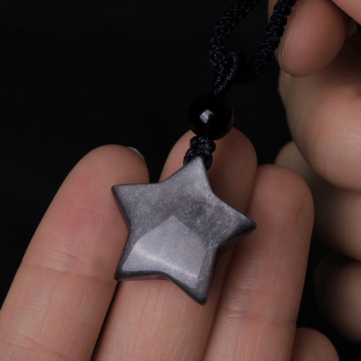 Collana con ciondolo a forma di mezzaluna stellata in ossidiana naturale Buddha Stones argento