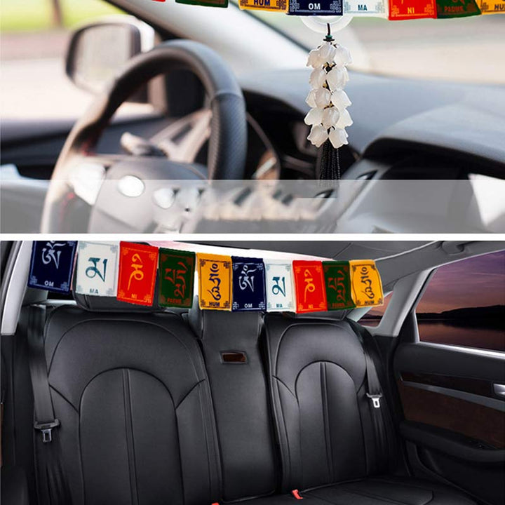 Bandiera decorativa per auto con la benedizione tibetana del cavallo a vento Om Mani Padme Hum, ideale per esterni, con preghiera e decorazione per auto. - image 2