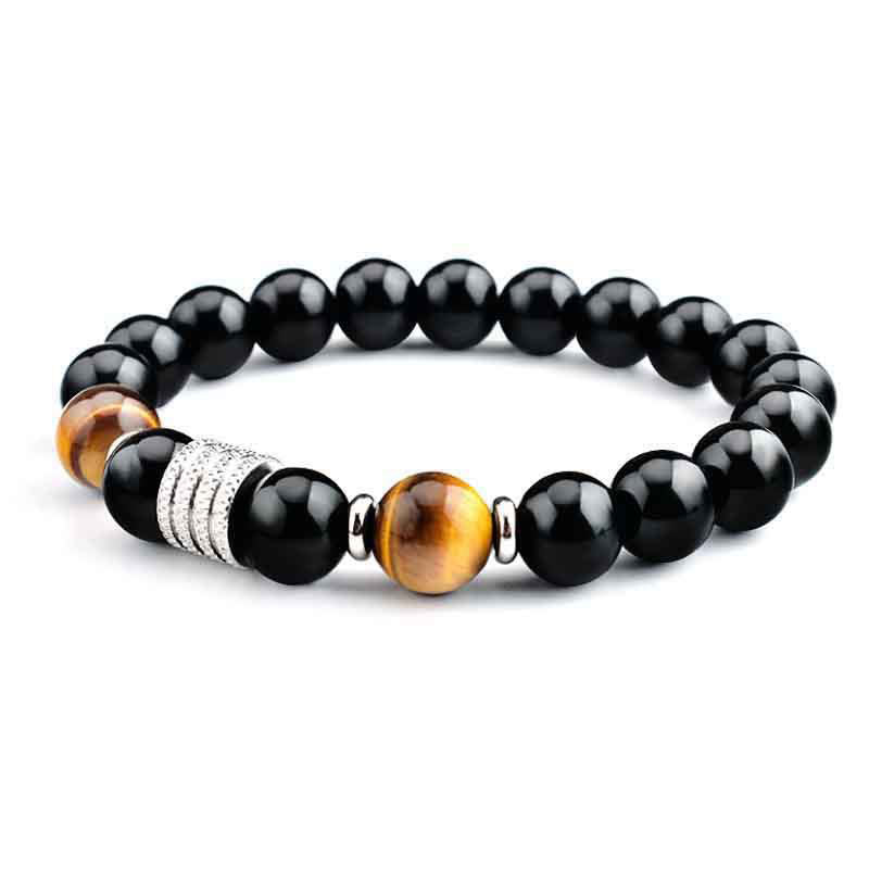 Bracciale Buddha Stones in ossidiana nera naturale con occhio di tigre e forza - Ossidiana nera e occhio di tigre - Cordino elastico (circonferenza del polso: 17 cm) - image 0
