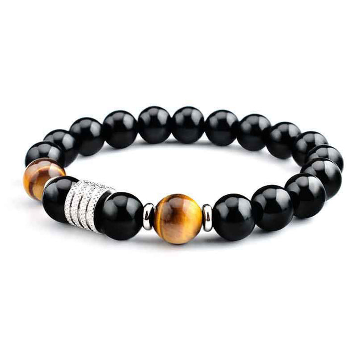 Bracciale Buddha Stones in ossidiana nera naturale con occhio di tigre e forza - Ossidiana nera e occhio di tigre - Cordino elastico (circonferenza del polso: 17 cm) - image 0