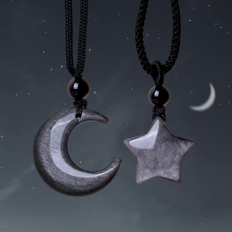 Collana con ciondolo a forma di mezzaluna stellata in ossidiana naturale Buddha Stones argento