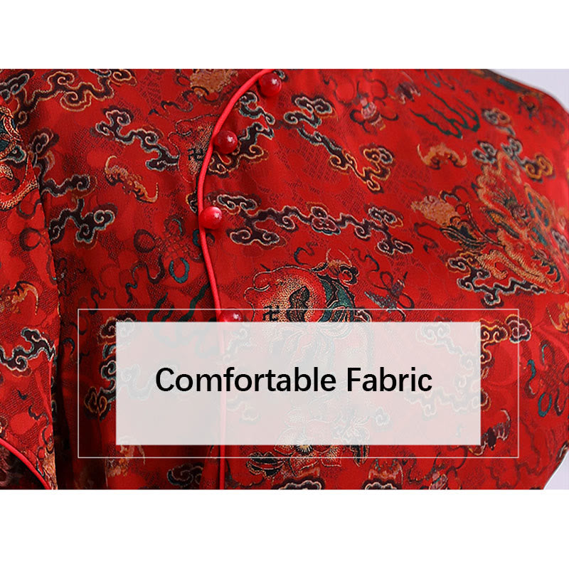 Abito da donna in cheongsam con stampa di foglie e nuvole di buon Buddha Stones vintage, abito da donna in qipao - image 7