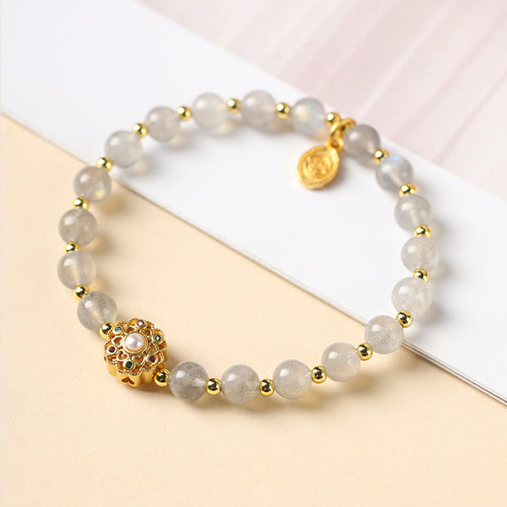 Bracciale con ciondolo positivo Fu Character Buddha Stones placcato oro 14K, quarzo fragola naturale Labradorite Sun Stone