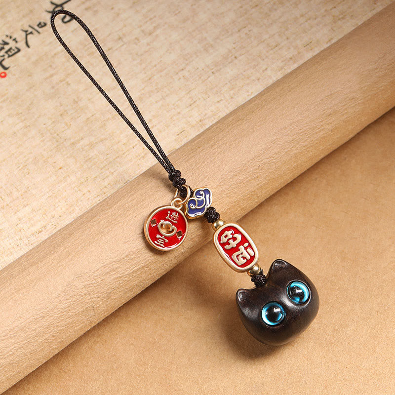 Buddha Stones Legno di ebano Gatto fortunato Nuvola di buon auspicio Pace Portachiavi Telefono Decorazione da appendere - Gatto dagli occhi azzurri - Decorazione da appendere al telefono - image 19