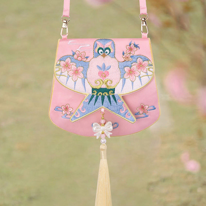 Buddha Stones Fortuna Ricamo Loto Koi Pesce Coniglio Fiore Borsa Hanfu Borsa a Tracolla Borsa a Tracolla - Fiore di aquilone rosa - image 26