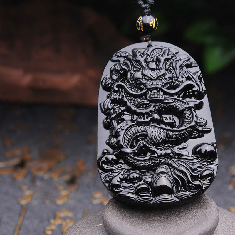 Buddha Stones Collana con ciondolo a forma di drago in pietra di ossidiana nera - image 9