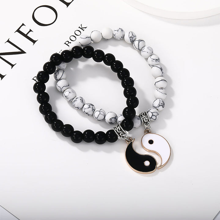 Buddha Stones 2 pezzi Braccialetto di coppia di protezione Yin Yang con perline di turchese bianco e onice nero