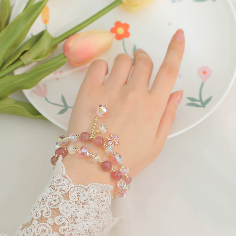 Braccialetto a doppio giro con fiore di zircone e quarzo fragola Buddha Stones